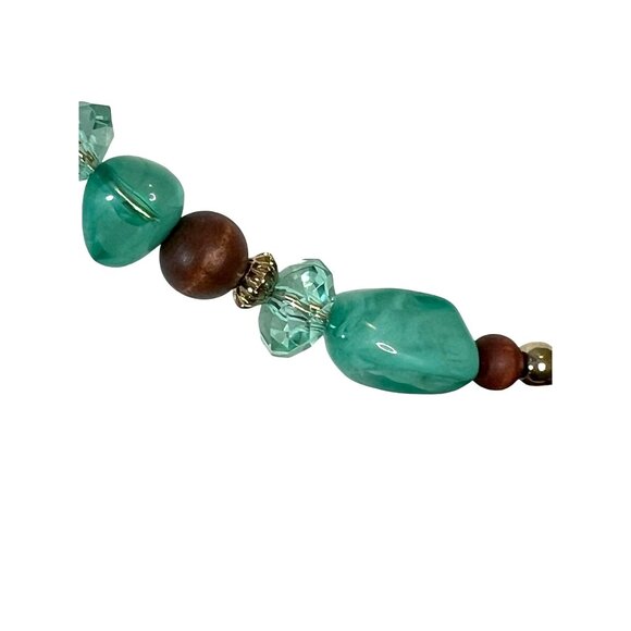 Choker Necklace Wooden Pendant Gold-Tone Metal Aqua Beads Lobster Clasp Closure - Picture 3 of 6